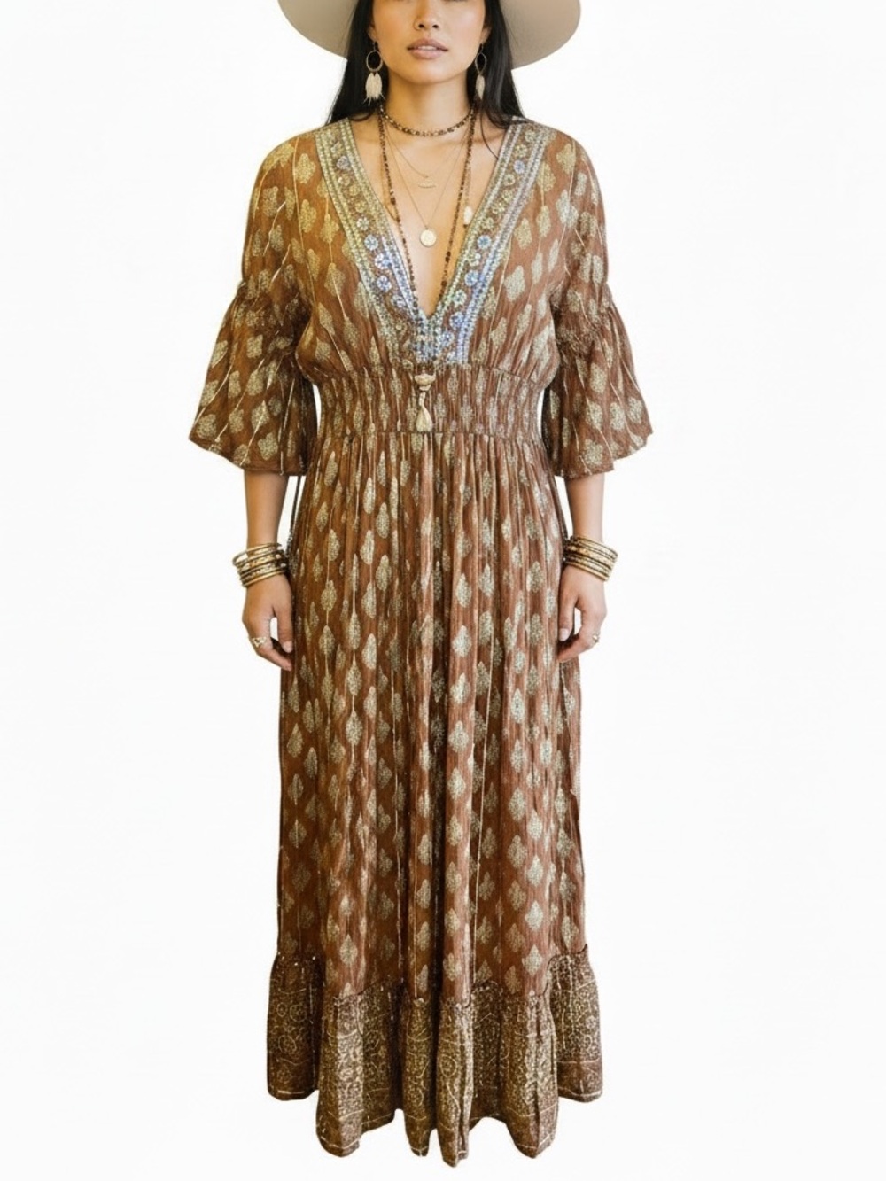 Anthropologie Maxi India Sequins bedazzled Autumn Rust Tiers Tassels Smocked L